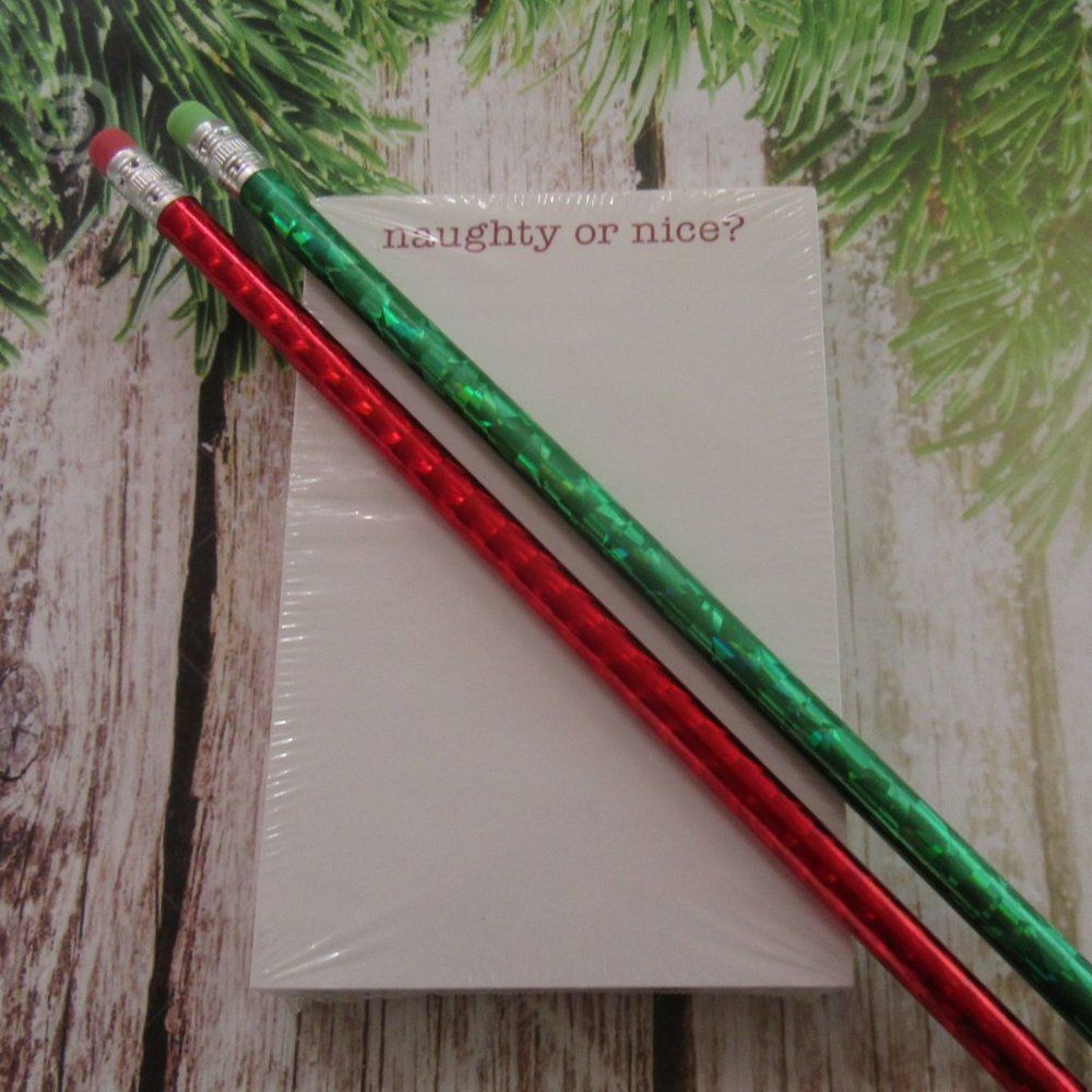 Naughty or Nice post it note pad & holiday pencils - stocking stuffer
